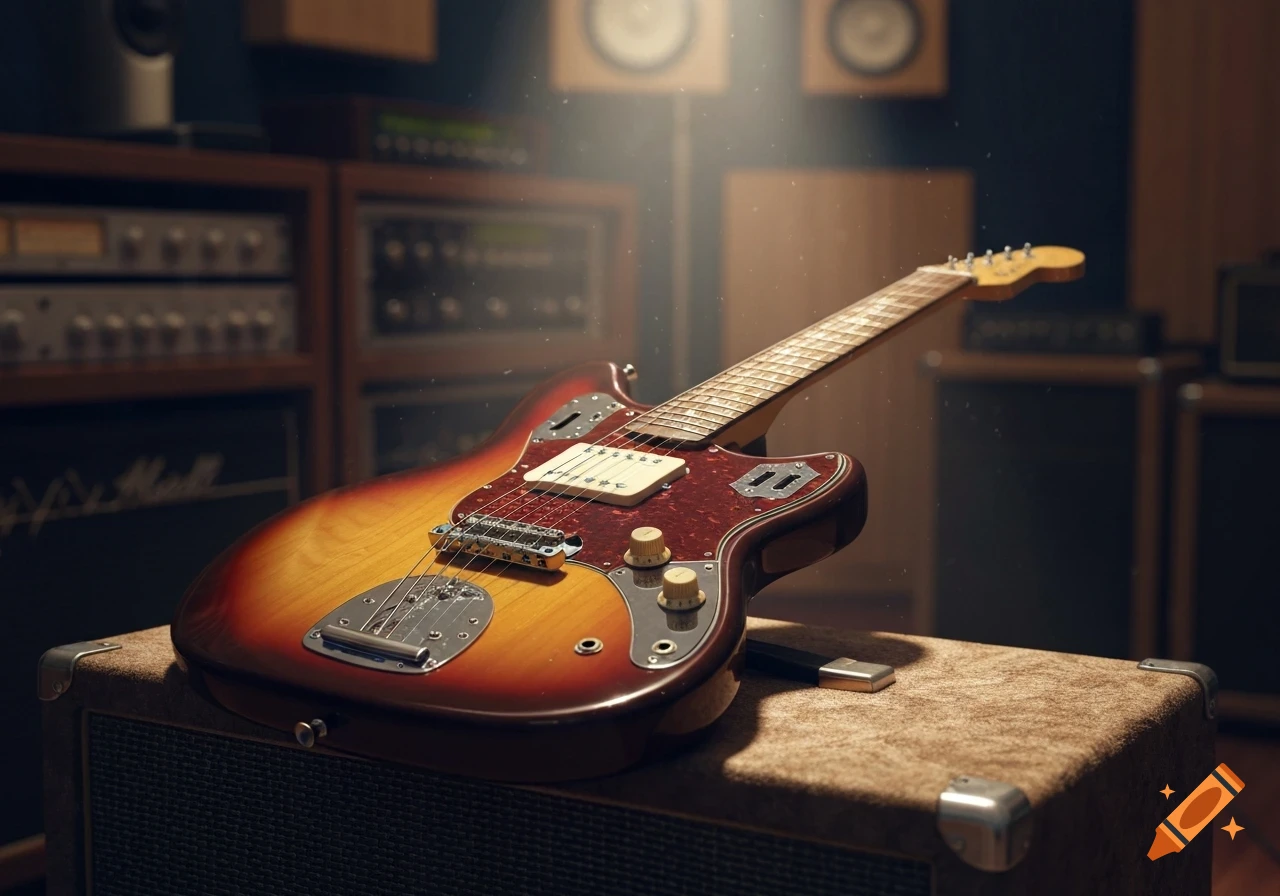 A photorealistic sunburst electric guitar rests on an amplifier in a dimly lit music studio with equipment in the background.