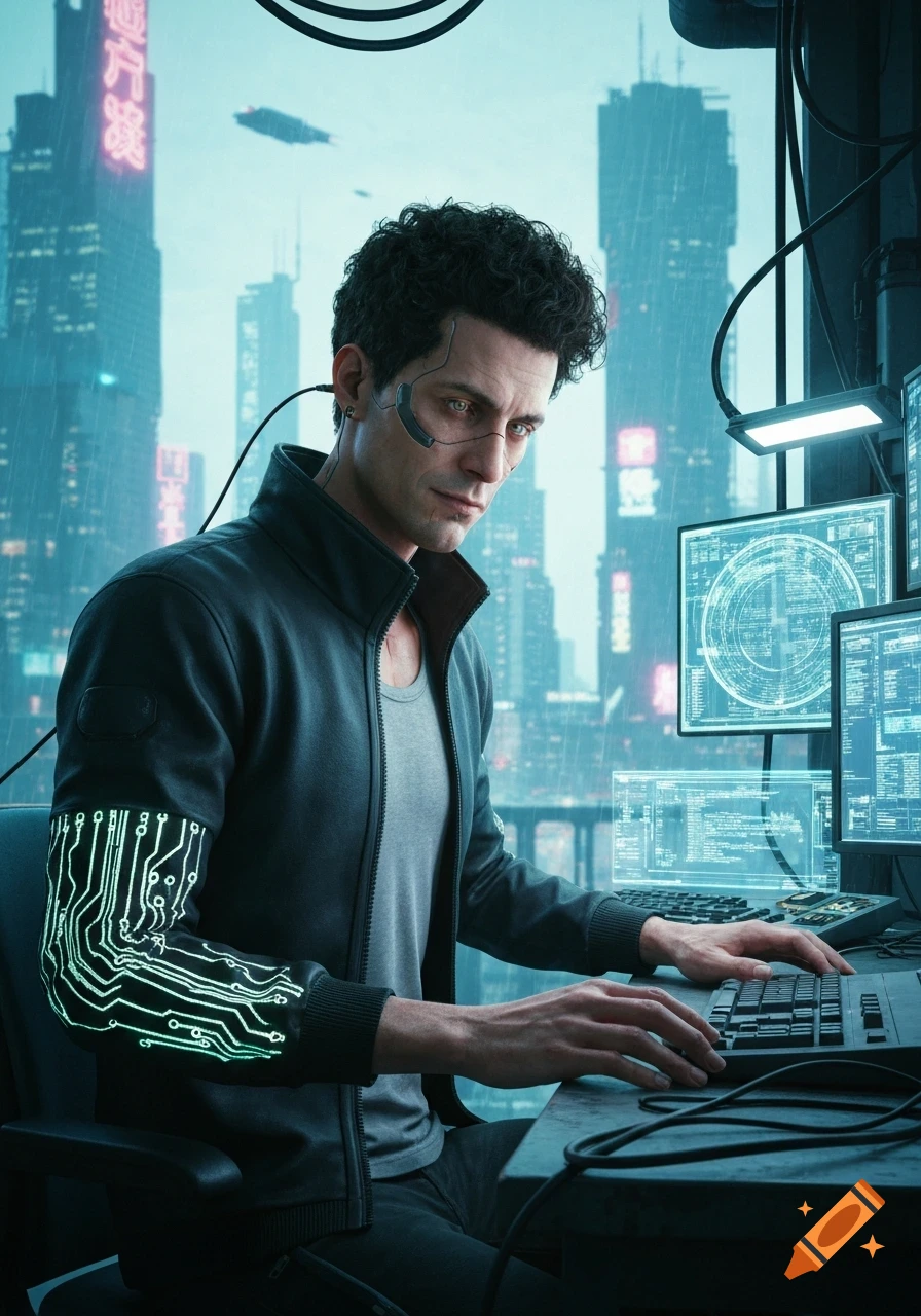 A photorealistic image of a man with cybernetic implants hacking on a laptop in a neon-lit cyberpunk city.