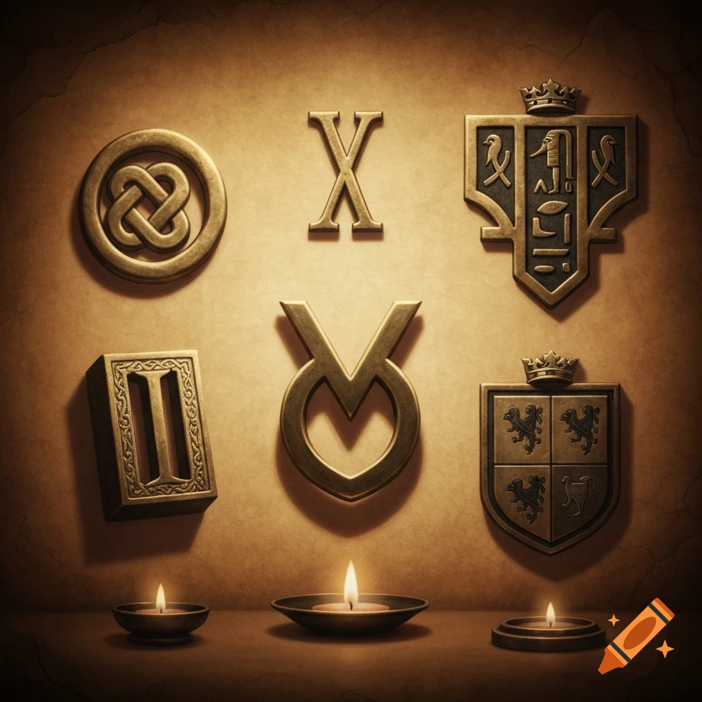 Golden historical symbols and emblems including a Celtic knot, letter X, shields, and burning candles on a brown background.