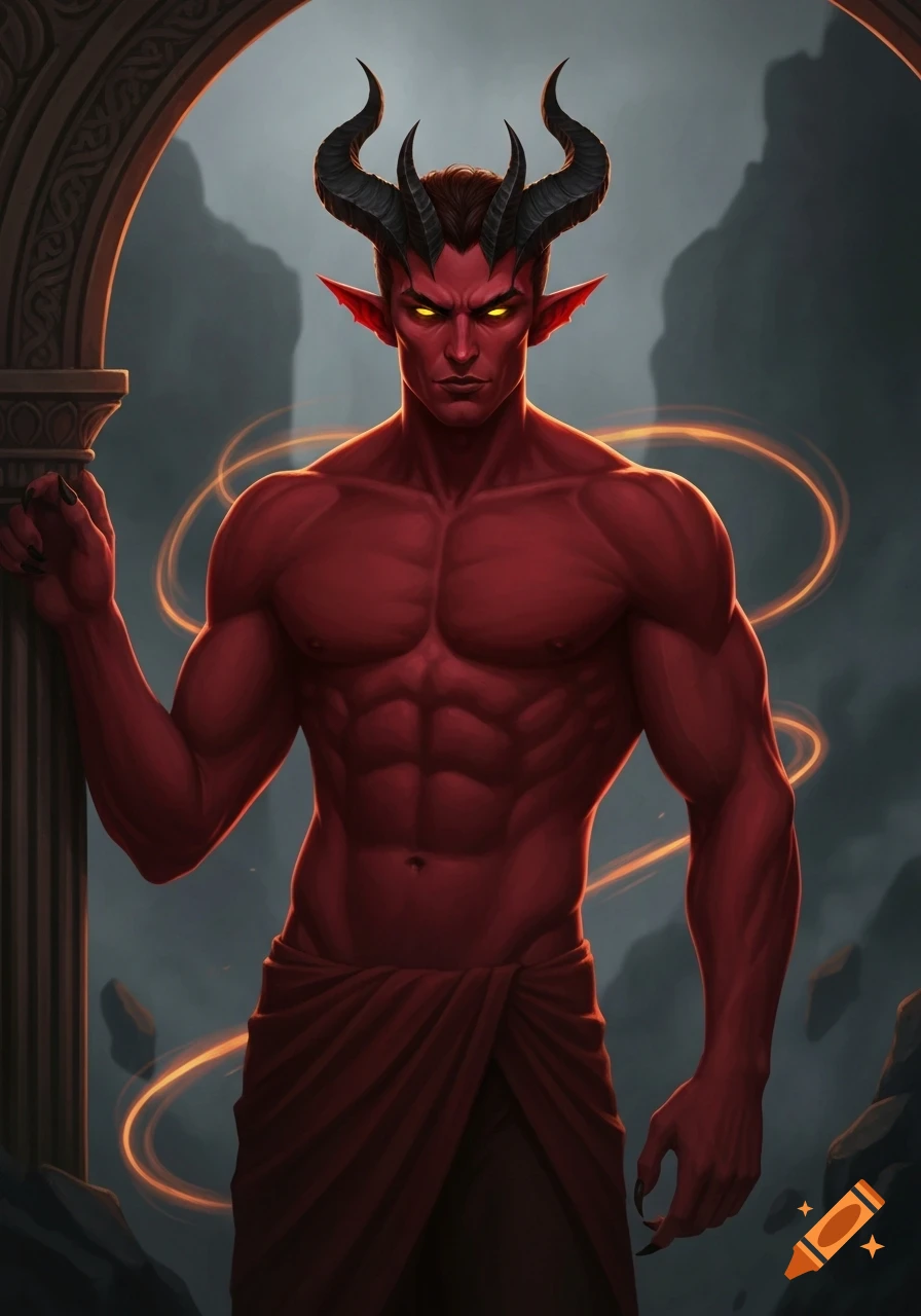Digital painting of a muscular, red-skinned demon with black horns, glowing yellow eyes, and pointed ears, wearing a red loincloth, standing by a stone arch.
