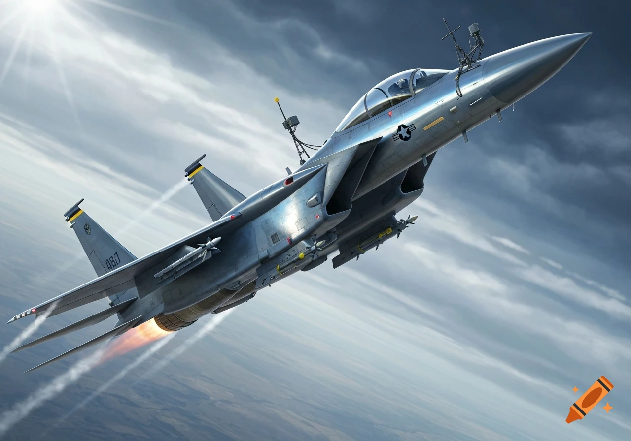 A photorealistic image of a U.S. Air Force F-15 fighter jet flying through a cloudy sky with sun rays.