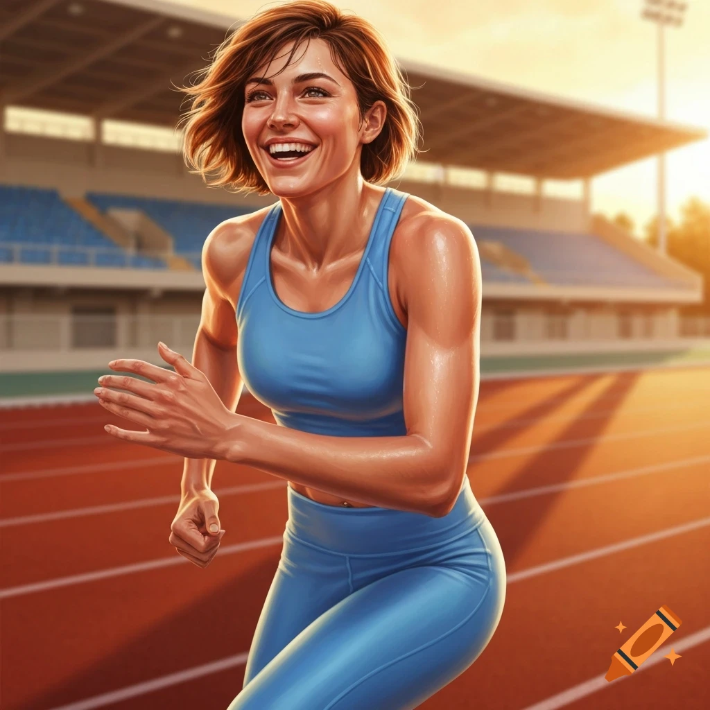 A smiling woman in a blue sports top and leggings runs on a stadium track under golden light.