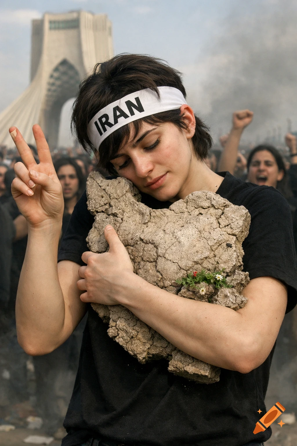 Photorealistic image of a young woman with 'IRAN' headband, hugging a stone map of Iran, making a peace sign, with Azadi Tower and crowd in background.
