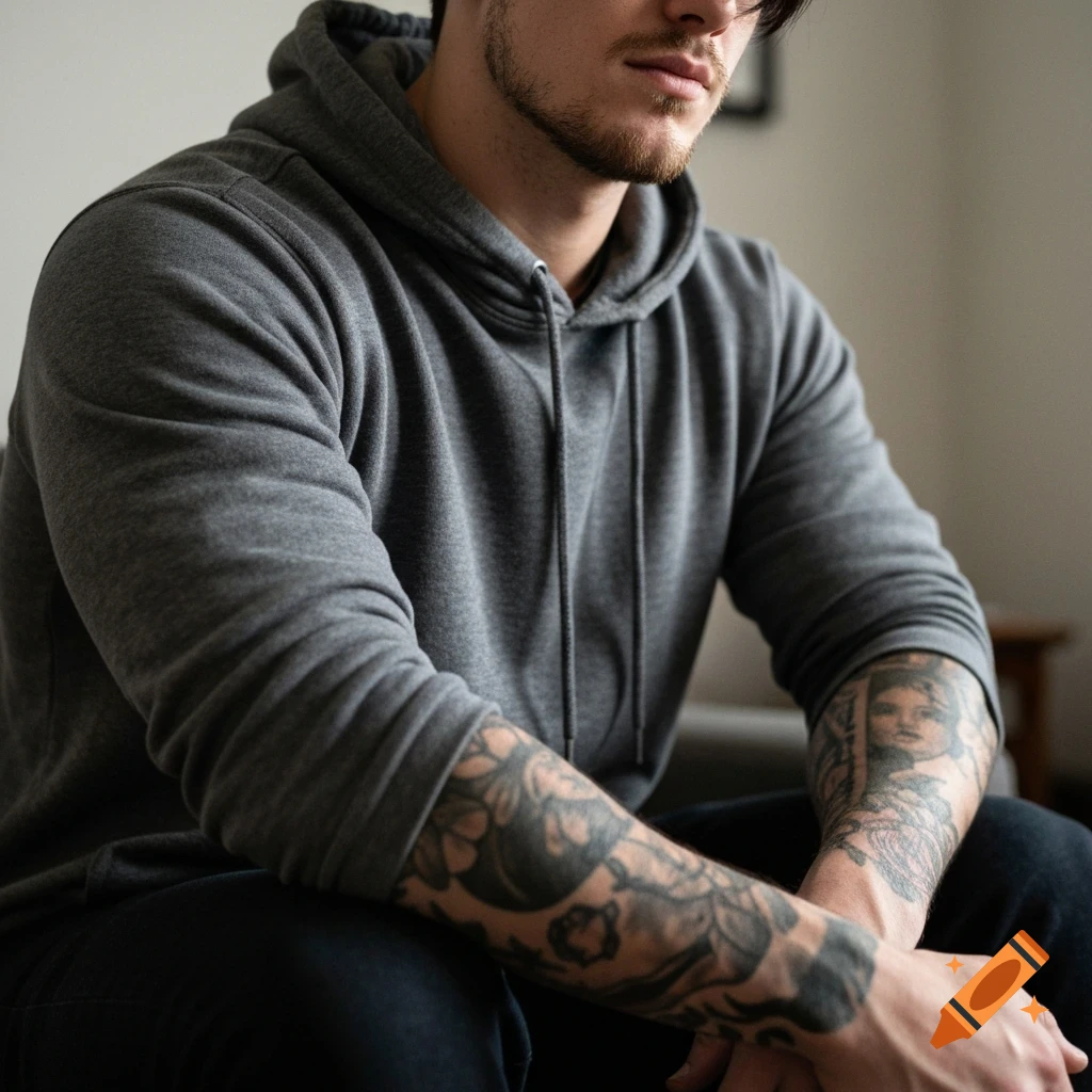 Close-up of a man in a gray hoodie with a beard and tattooed forearms, looking away.