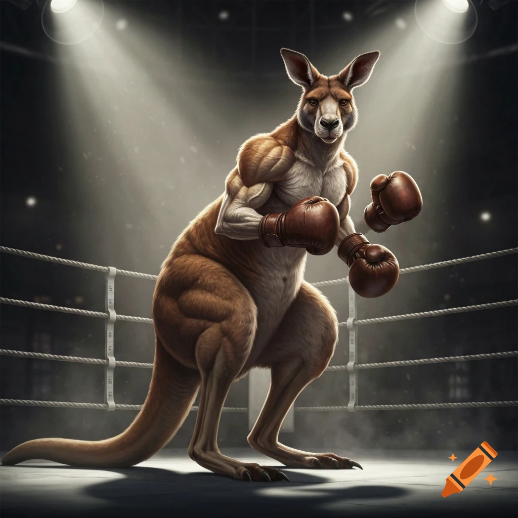 A muscular kangaroo wearing brown boxing gloves stands in a spotlighted boxing ring, posed to fight.