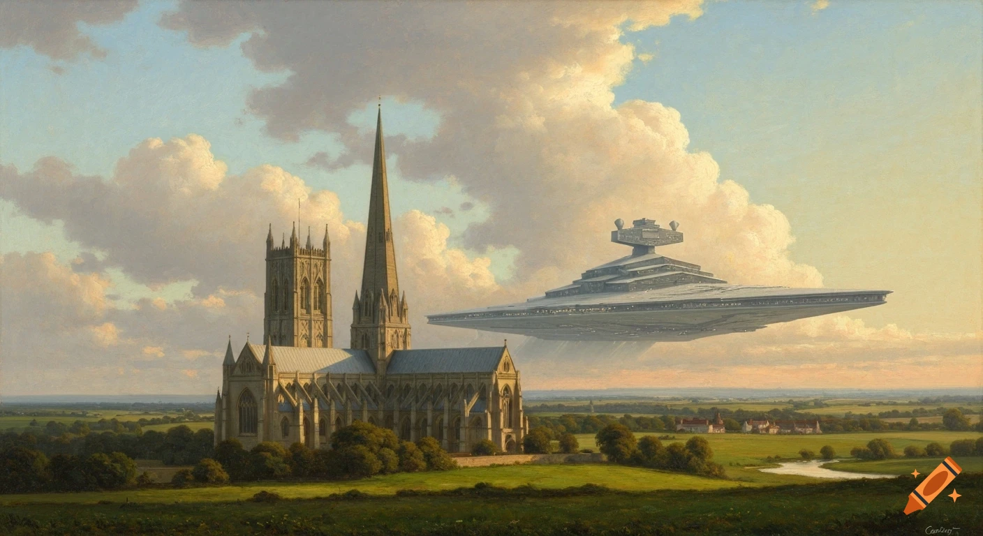 Oil painting of Salisbury Cathedral with a Star Destroyer hovering in the sky over a green, rural landscape.