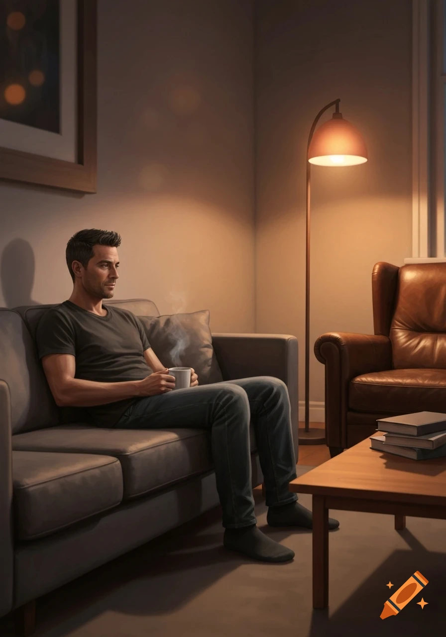A man sits on a grey couch in a dimly lit living room, holding a steaming mug. A floor lamp illuminates the scene, with a brown armchair and books on a coffee table.