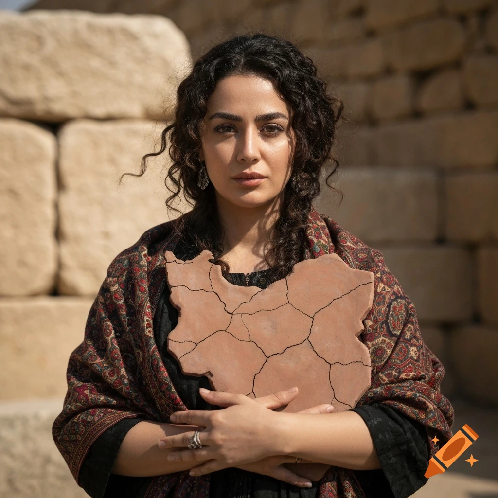 A woman with curly hair in traditional Persian attire holds a cracked clay map of Iran. Photorealistic.