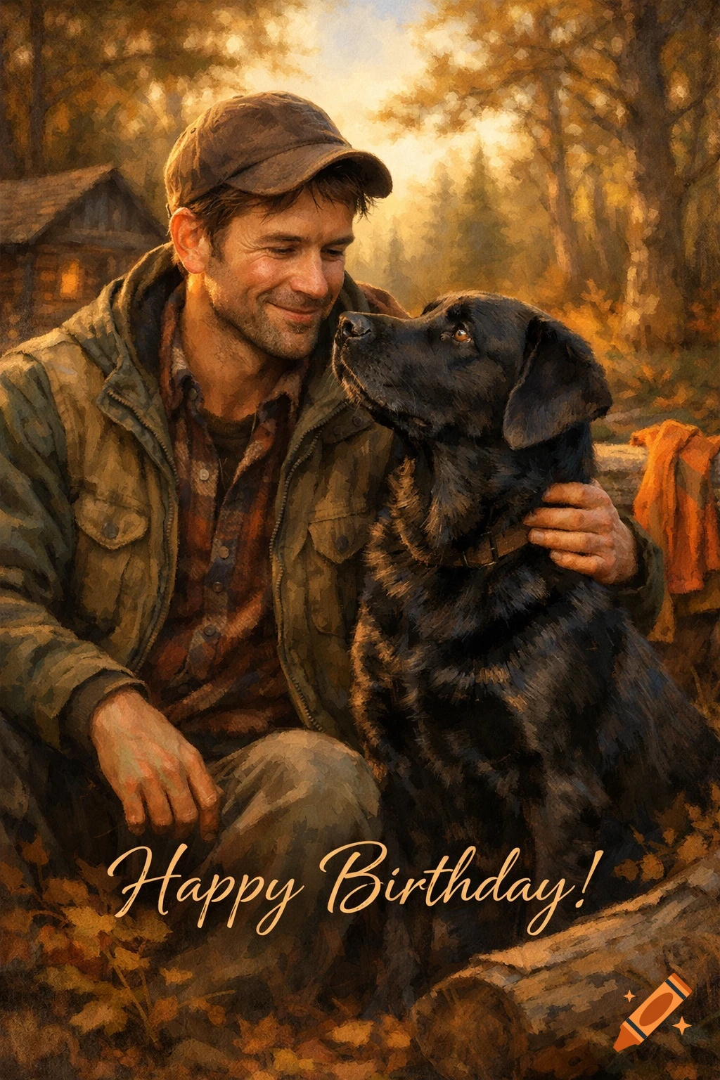 Painterly image of a man and his black Labrador in an autumn forest with a cabin, text 'Happy Birthday!'