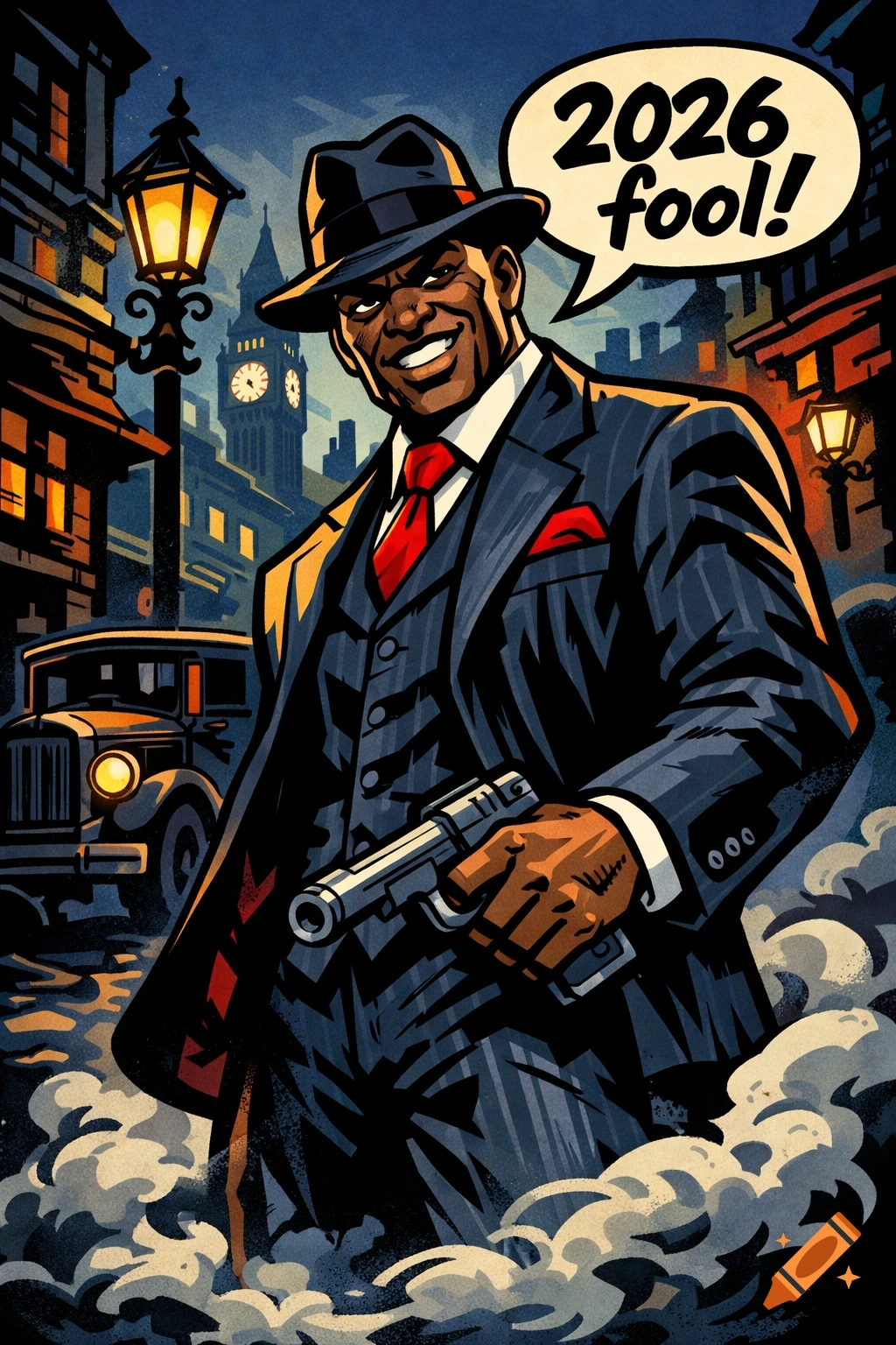 Cartoon of a smiling man in a suit and fedora holding a pistol on a city street at night, with a speech bubble saying '2026 fool!'
