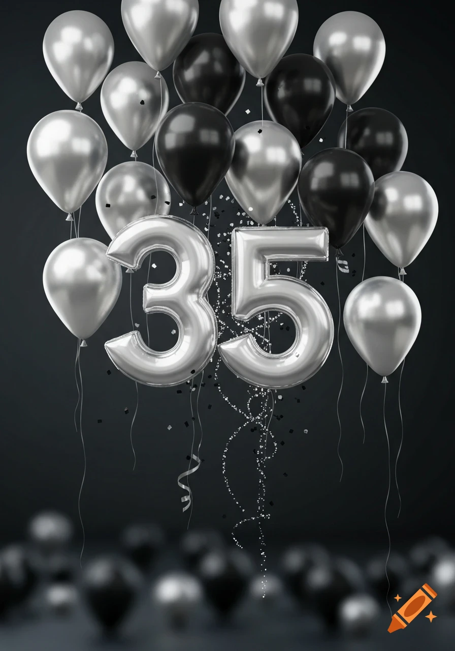 Silver and black balloons float around large metallic silver numbers "35" with confetti against a dark background.
