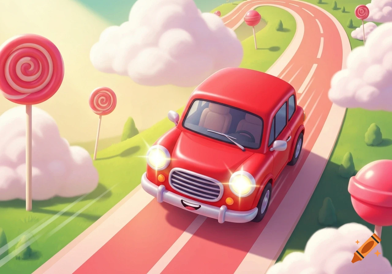 A vibrant red cartoon car with a smiley face drives on a pink road through a whimsical landscape with giant lollipops and fluffy clouds.