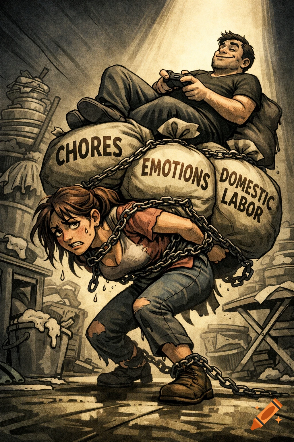 Cartoon illustration of a woman burdened by chained bags of chores while a man relaxes on top, playing video games.