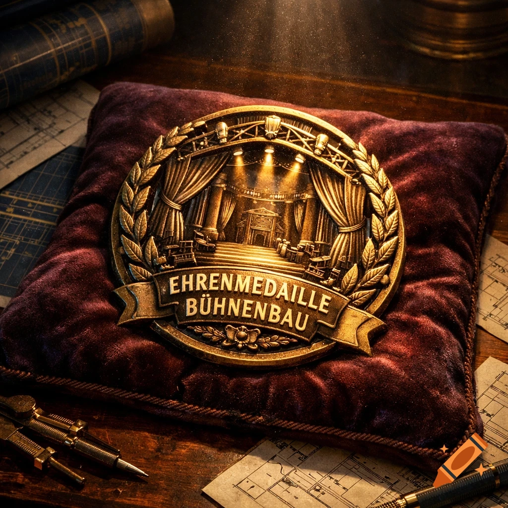 A detailed golden honor medal for stage construction, featuring a theatrical stage design, rests on a red velvet cushion amidst old documents.