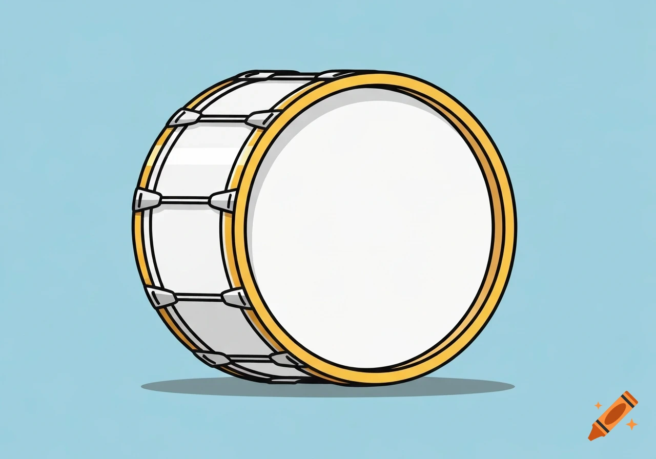 A cartoon marching drum with a yellow rim and white body, against a light blue background.