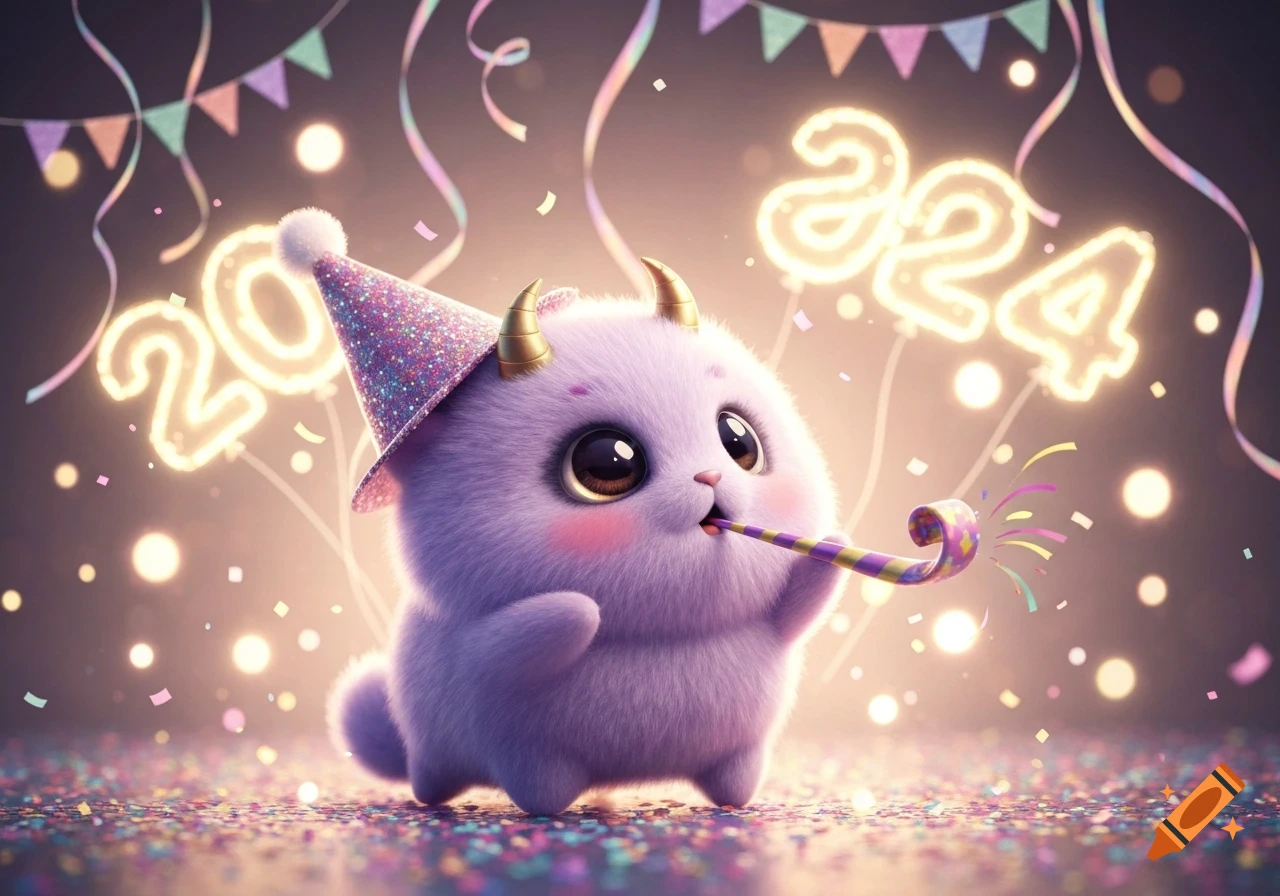 A cute purple fluffy monster with a party hat and horns blows a party horn amidst confetti and glowing '2024' numbers, celebrating New Year.