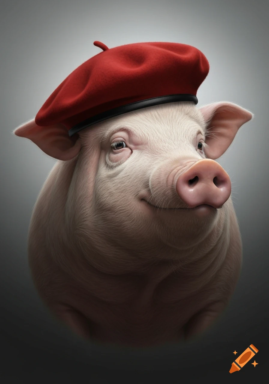 Photorealistic portrait of a smiling pig wearing a red beret against a grey background.