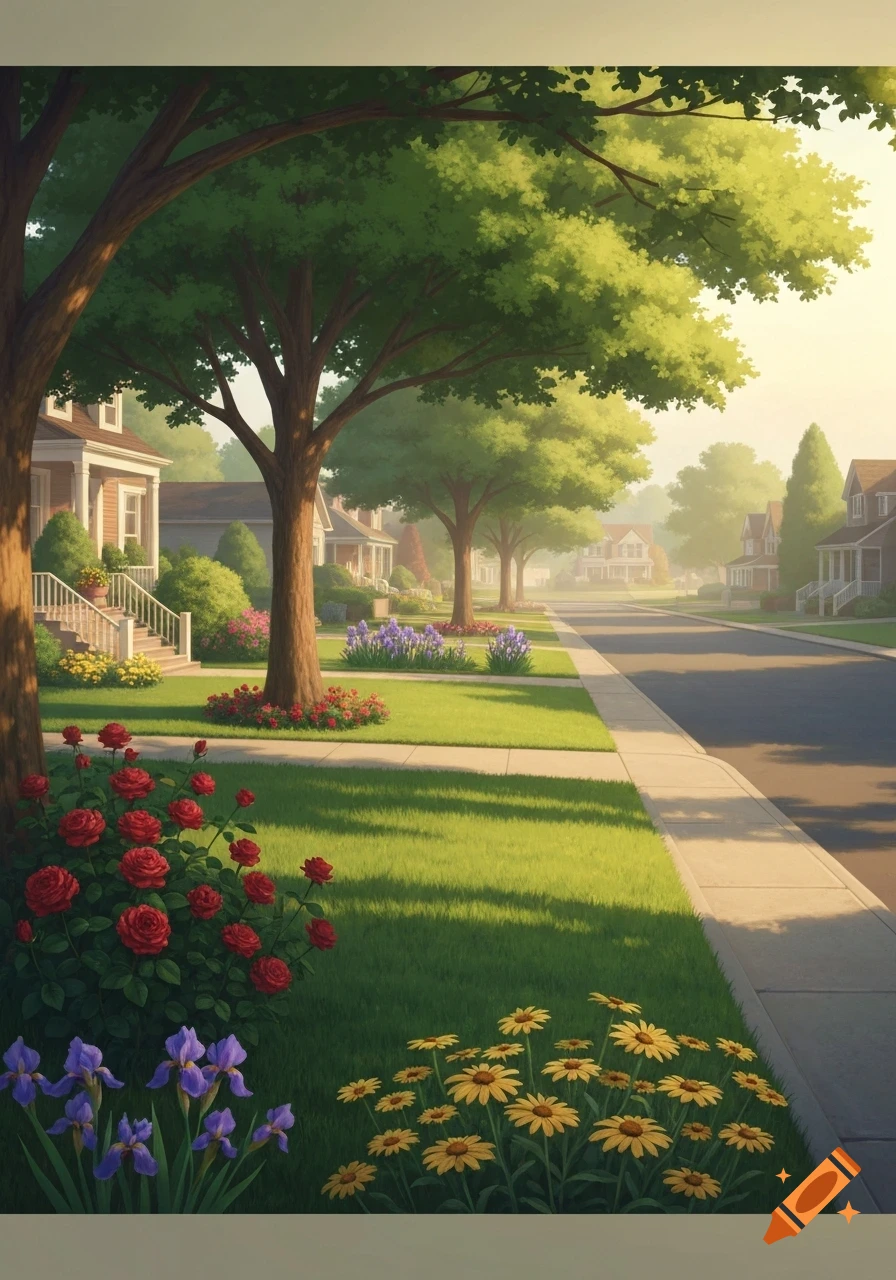 A vibrant illustration of a peaceful suburban street lined with houses, lush green trees, and colorful flower gardens.