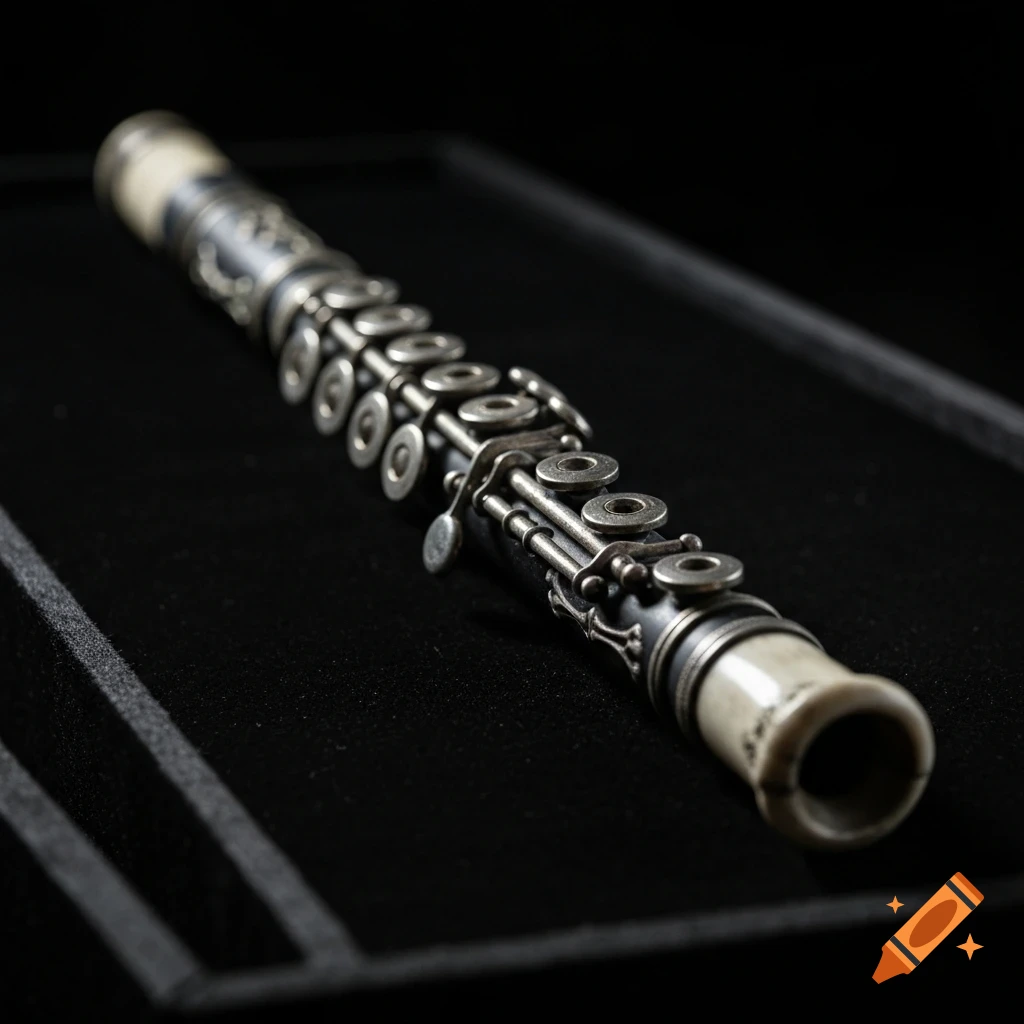 A close-up, high-angle shot of a dark piccolo with silver keys, resting on a black felt case.