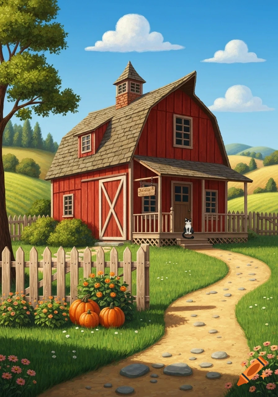 Red barn with a cat, pumpkins, and a path in a sunny, green countryside, in an illustrative style.