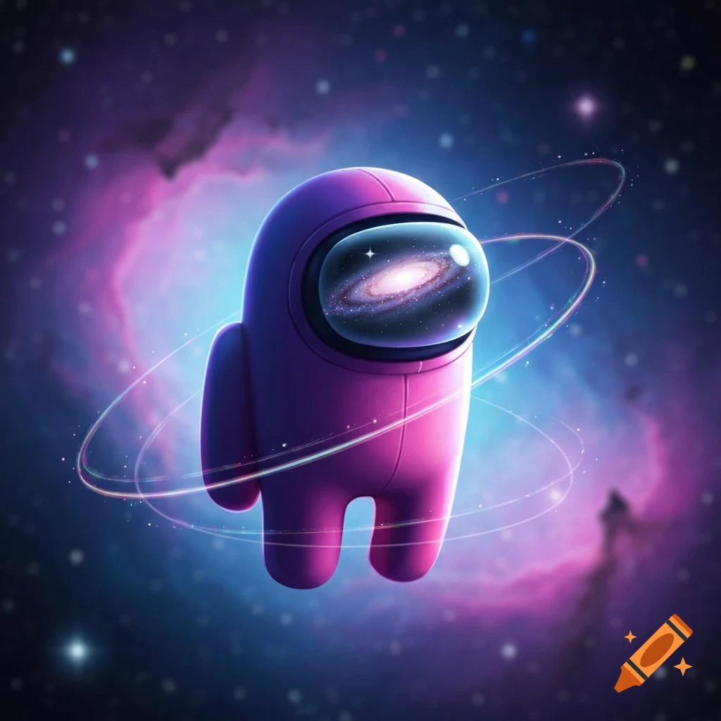 A stylized purple Among Us character with a galaxy visible in its visor floats in a cosmic scene with a pink and blue nebula, surrounded by faint glowing rings and stars.
