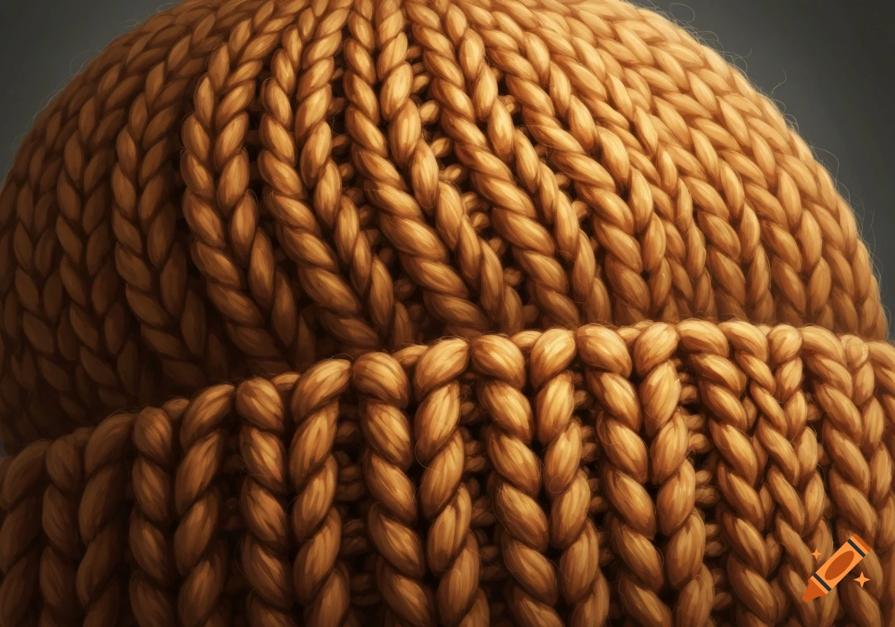 Close-up of a detailed brown knitted beanie hat texture, showing interwoven yarn strands.