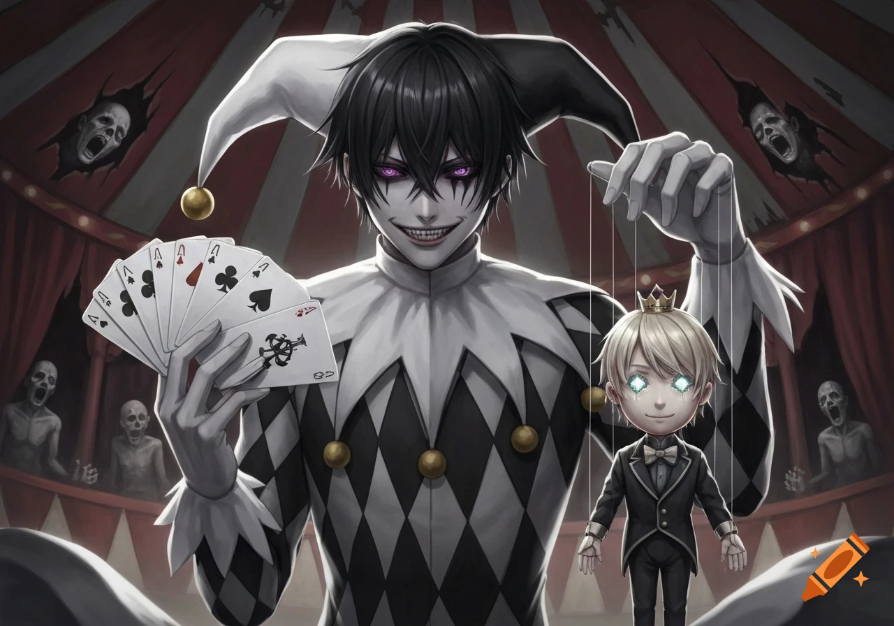 An anime-style evil jester with purple eyes holds playing cards and a puppet prince with glowing eyes in a creepy circus with screaming faces.