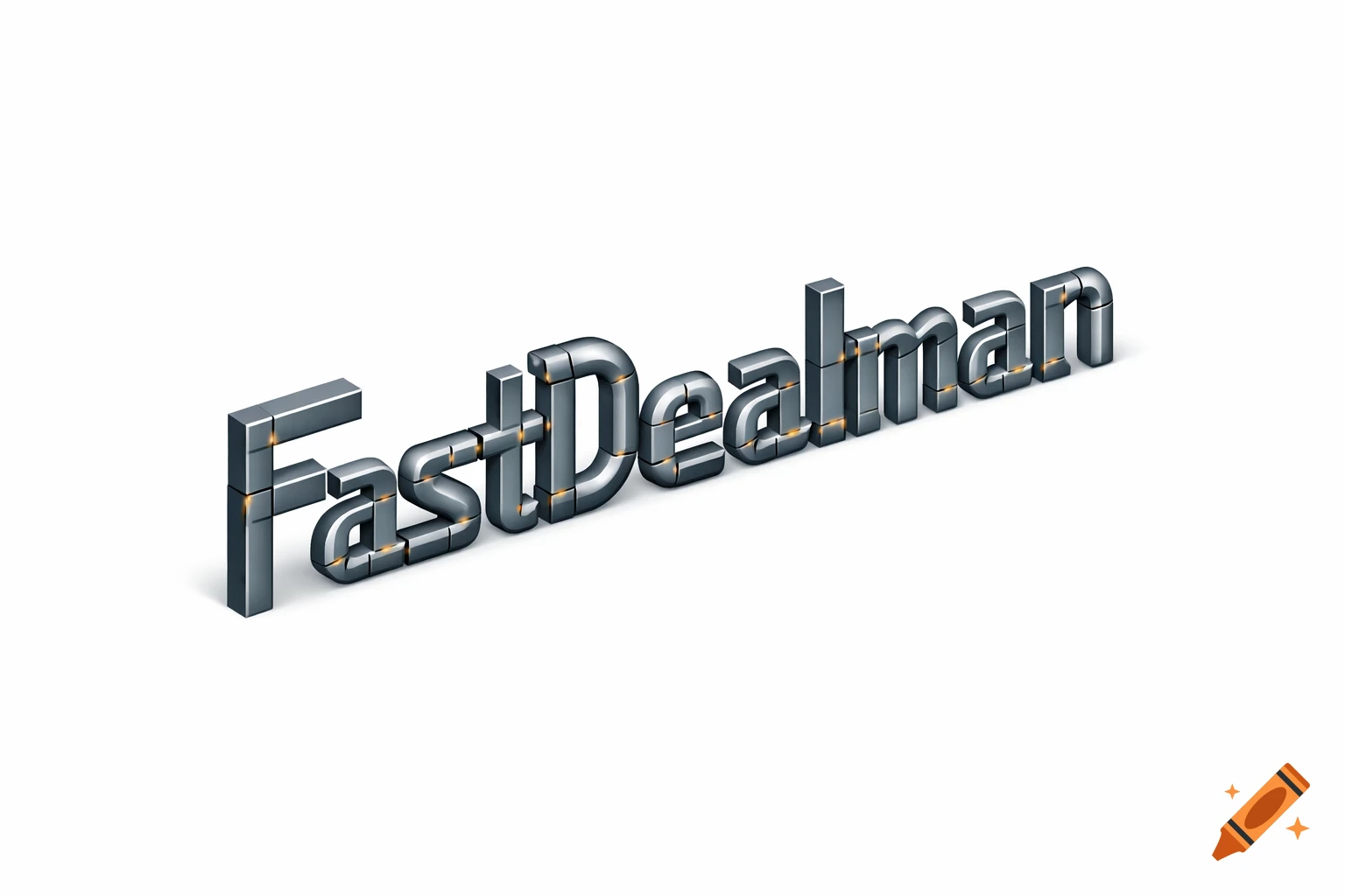 A 3D isometric metallic logo for 'FastDealman' with steel-gray letters made of beams and subtle welding dots on a white background.
