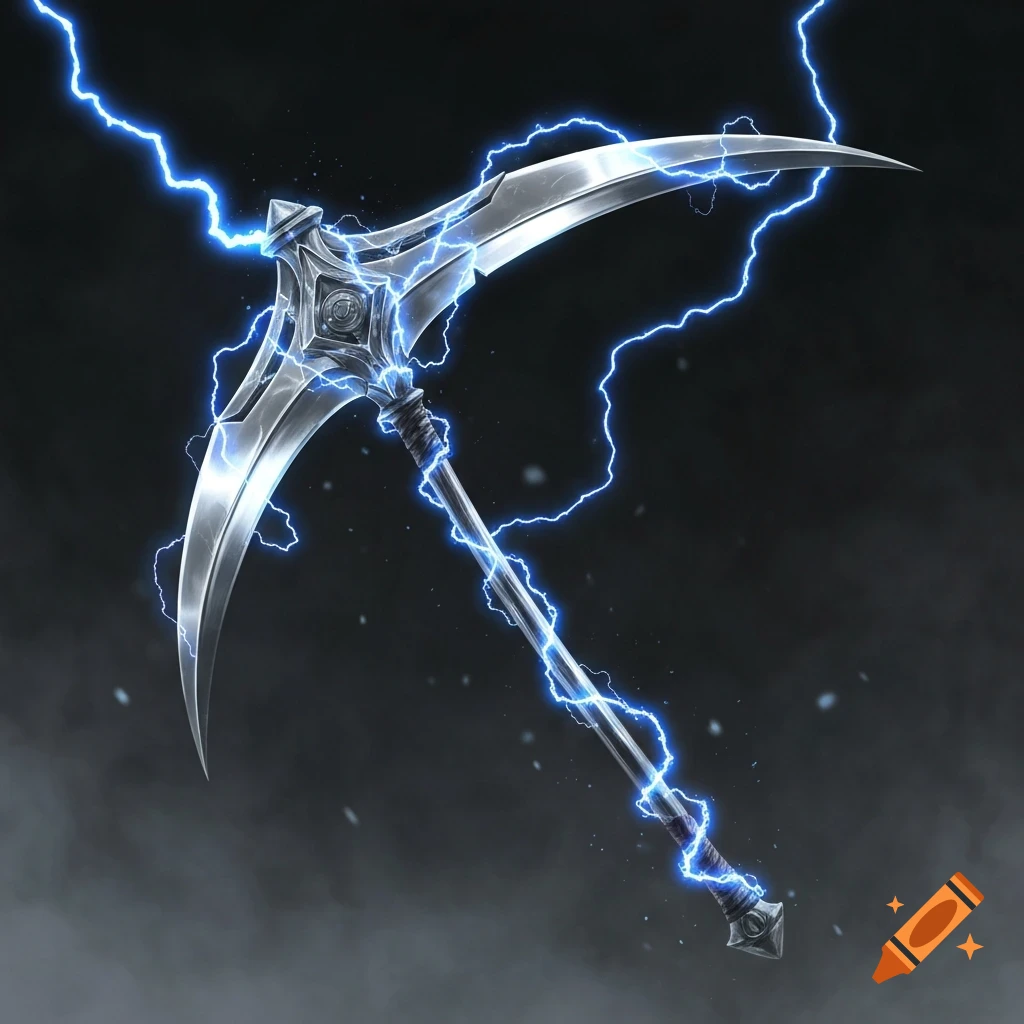 A stylized silver scythe weapon crackling with blue electricity against a dark background.