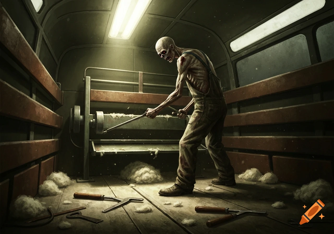 A gaunt zombie shearer with red eyes uses a tool on a machine, surrounded by piles of wool and old tools in a dark van.