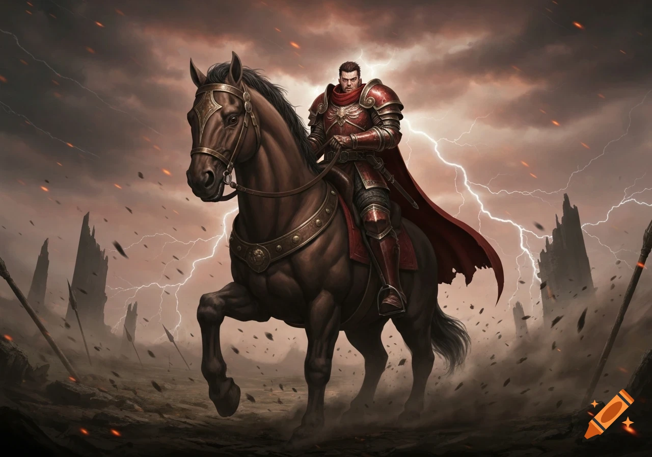 A powerful knight in red armor rides a horse through a stormy, lightning-filled battlefield with dark ruins.