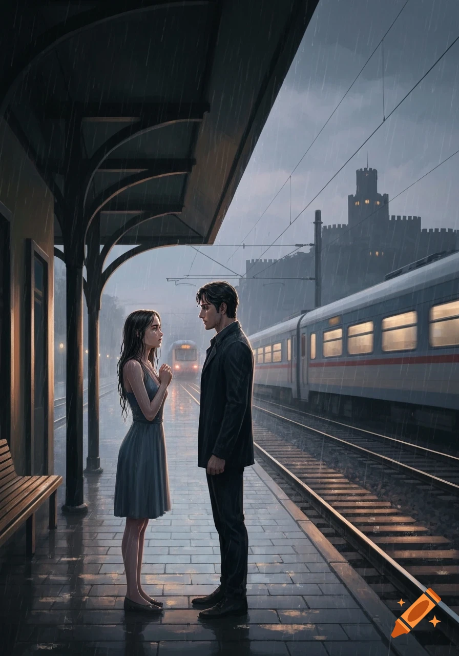 Digital art of a man and woman standing on a rainy train station platform, with a train on the tracks behind them.