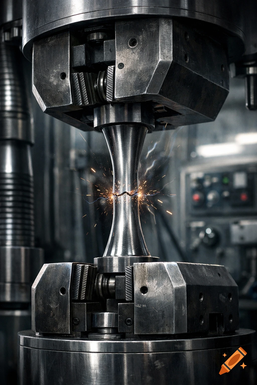 A close-up of a metal sample breaking under tension in an industrial testing machine, with sparks flying from the fracture.