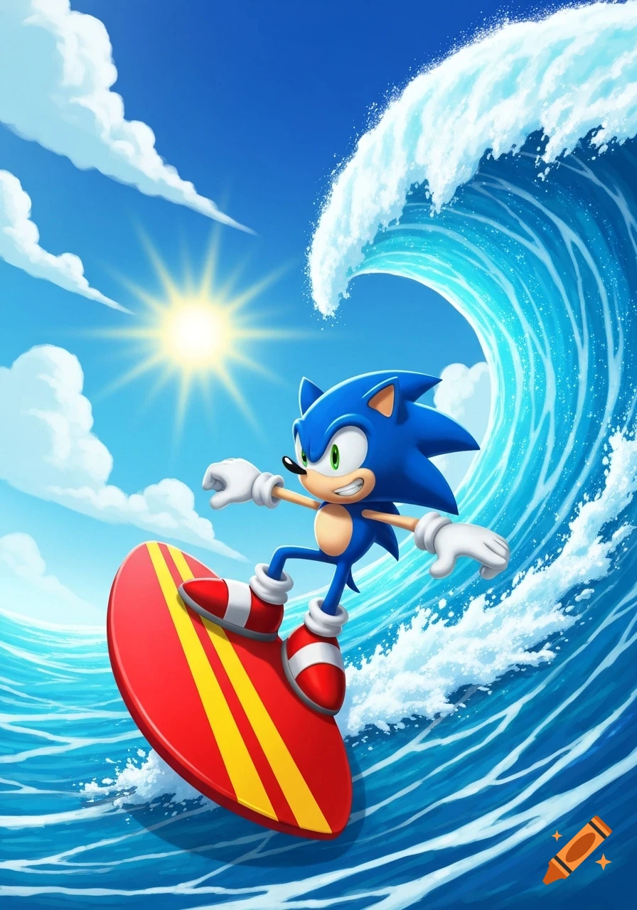 Cartoon Sonic the Hedgehog surfing a massive blue wave on a red and yellow board under a sunny sky.