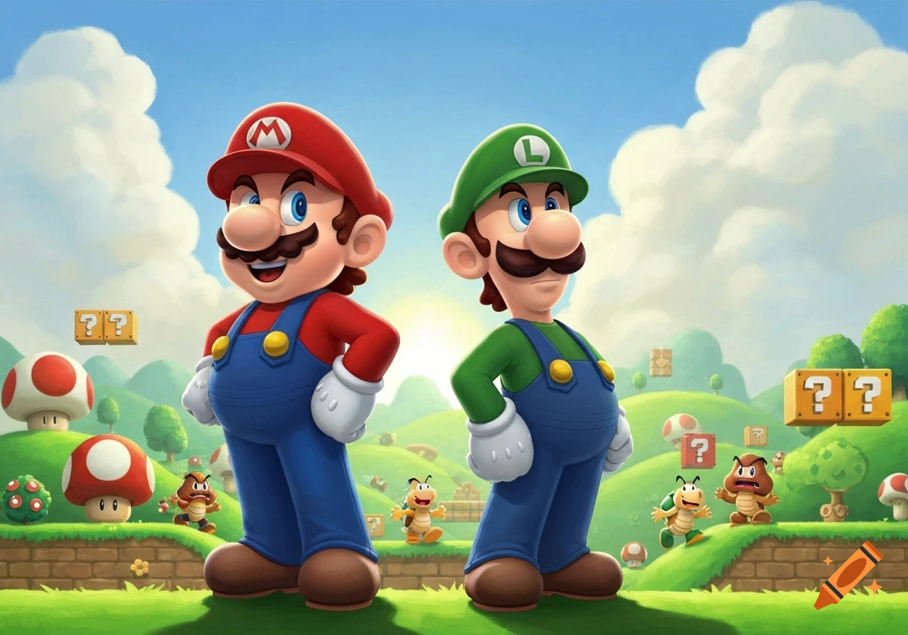 Mario and Luigi stand in a vibrant Super Mario-style landscape with question blocks, mushrooms, and enemies.