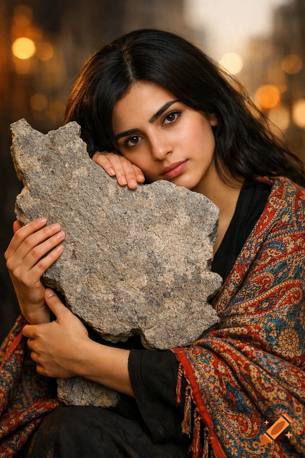 Photorealistic portrait of a young Persian woman in a patterned shawl, resting her head on a large rough stone, looking at the camera.