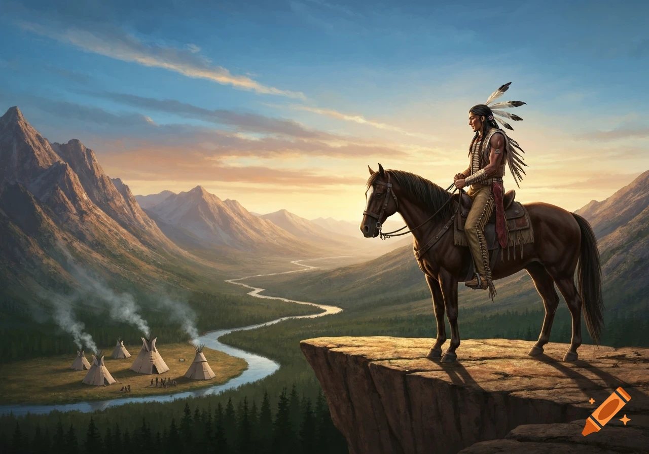 A Native American warrior on horseback on a cliff overlooking a lush valley with a winding river and a teepee camp below, at sunset.