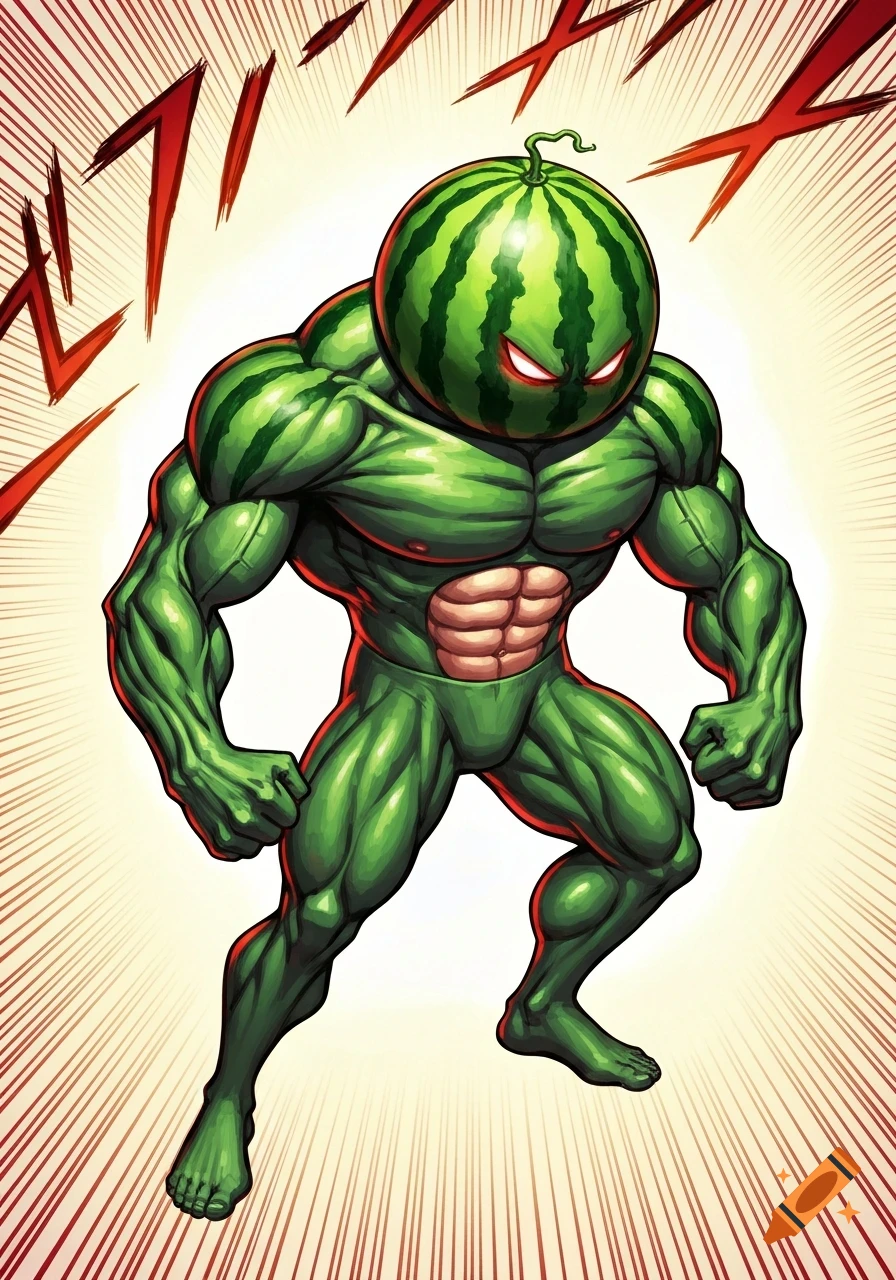 A muscular, green humanoid figure with a watermelon for a head and glowing red eyes, in a dynamic manga art style.