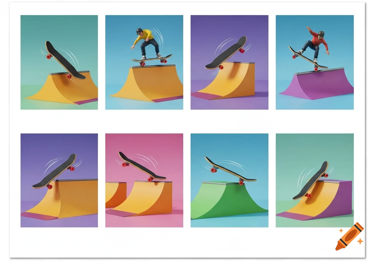 Eight panels depict skateboards and a skater performing tricks on colorful ramps, with motion lines, in a clean, illustrative style.