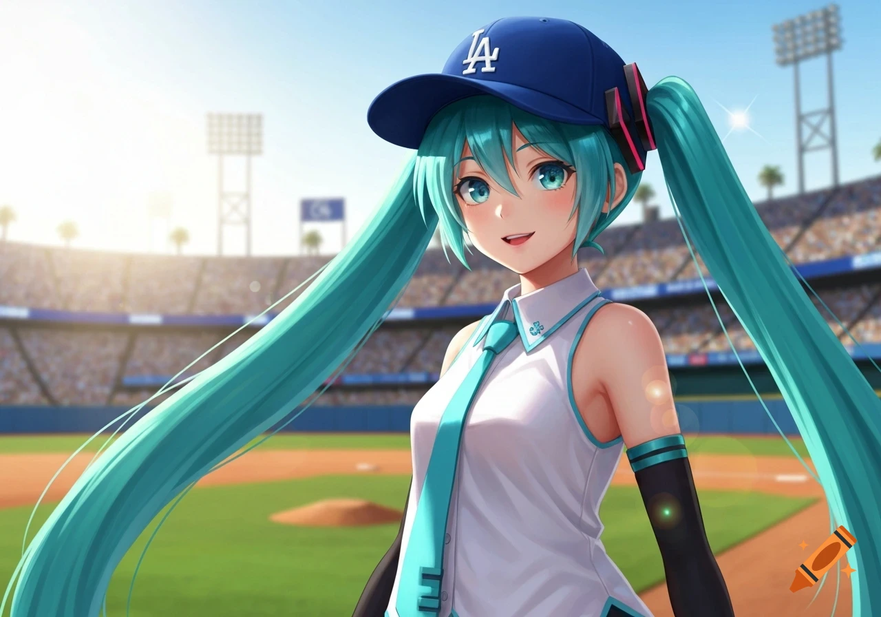 Hatsune Miku wearing a blue LA Dodgers baseball cap, standing on a baseball field in a stadium with a bright sky.