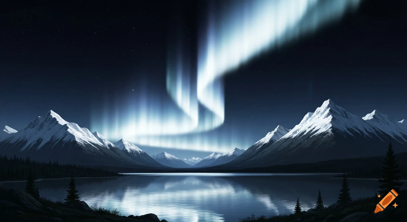 Vibrant white aurora borealis lights up a starry night sky over snow-capped mountains and a serene lake, reflecting the lights.