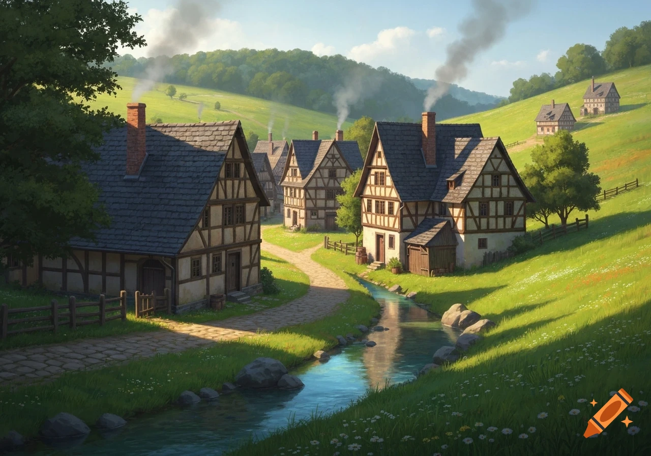 Picturesque 18th-century German village in a green valley, with half-timbered houses, a winding path, and a stream.