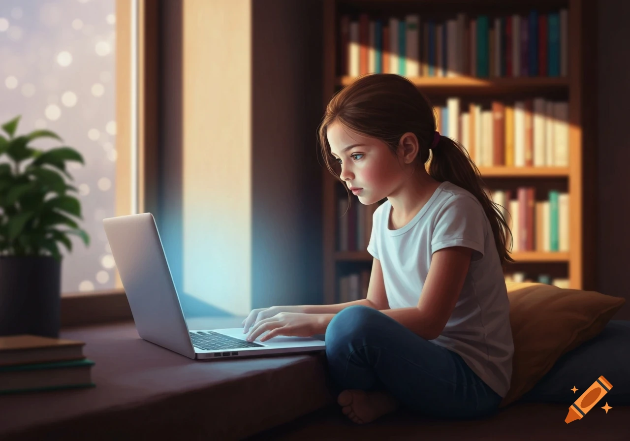 A young girl with long brown hair sits cross-legged, focused on a glowing laptop screen in a room with a bookshelf.