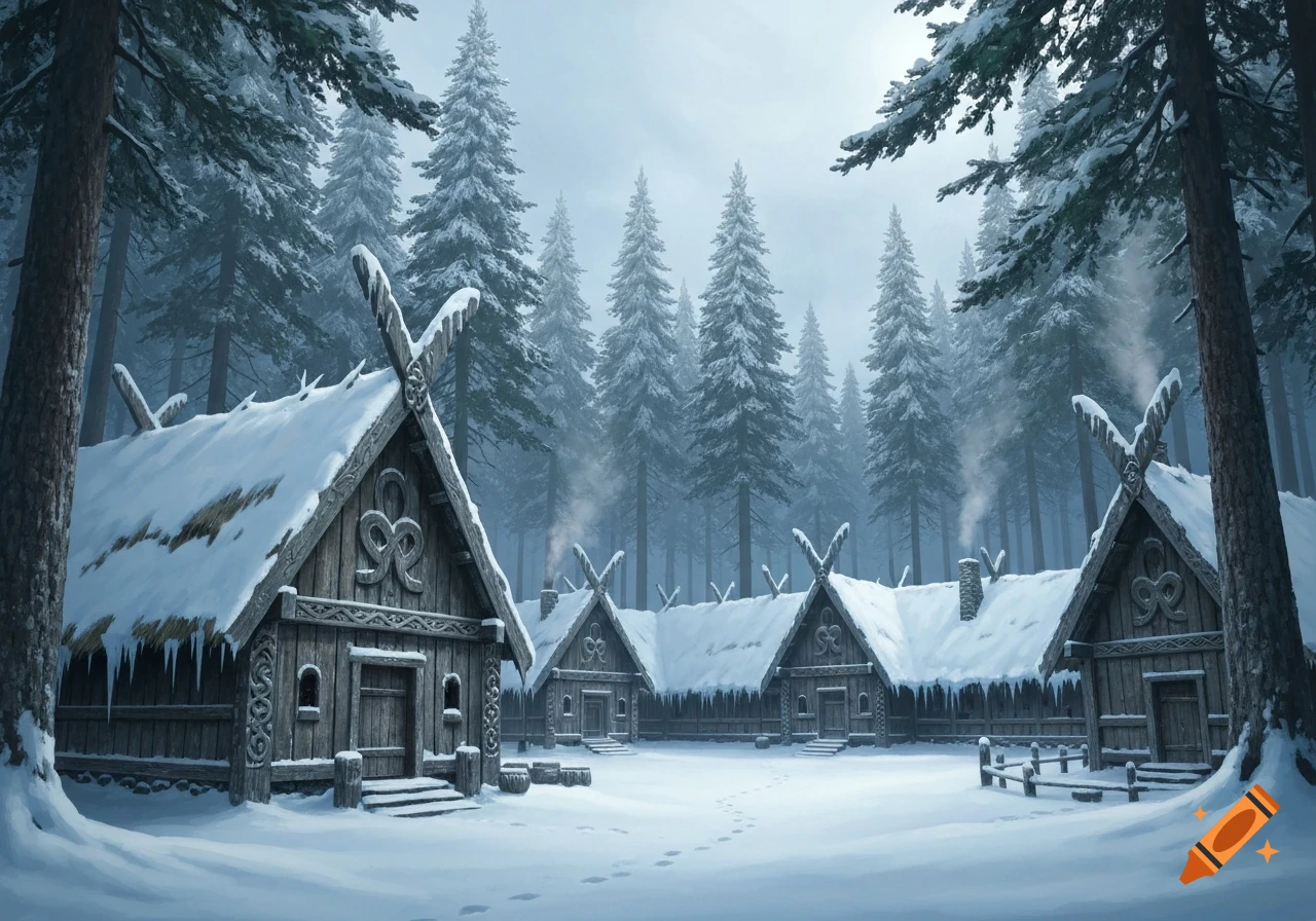 A snowy Viking village with wooden houses, covered in snow, nestled within a dense pine forest.