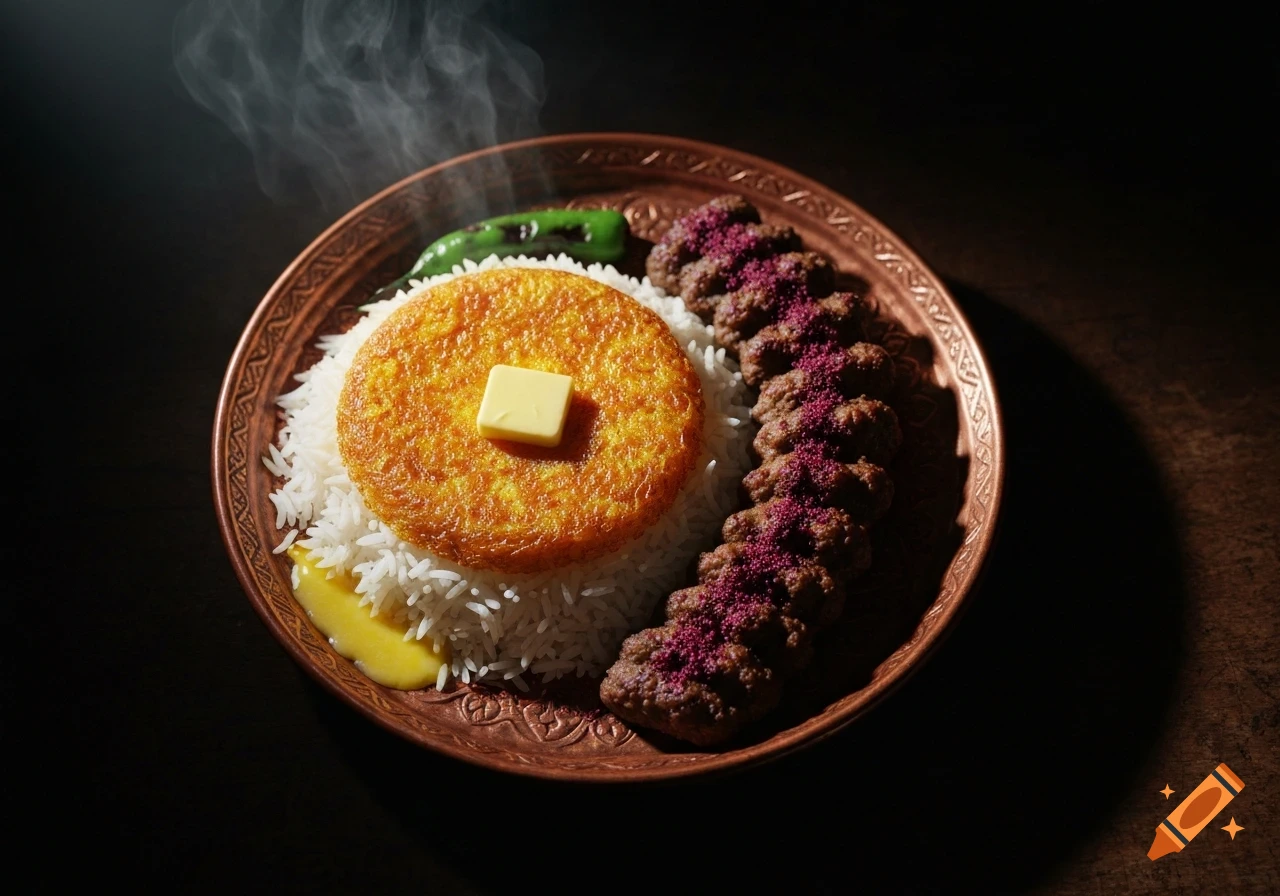 A top-down view of an Iranian Chelo Kebab meal on a copper plate, featuring fluffy white rice, golden tahdig with melting butter, and koobideh kebabs sprinkled with sumac, with steam rising from the hot food, under dramatic lighting.