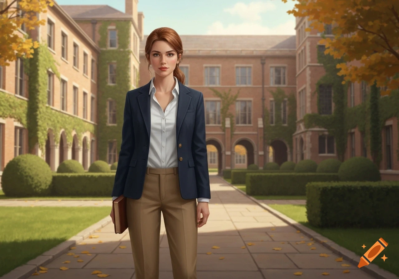 A photorealistic depiction of a woman with red hair wearing a white shirt, navy blazer, and khaki pants, holding a book, standing on a path in front of a brick university building.