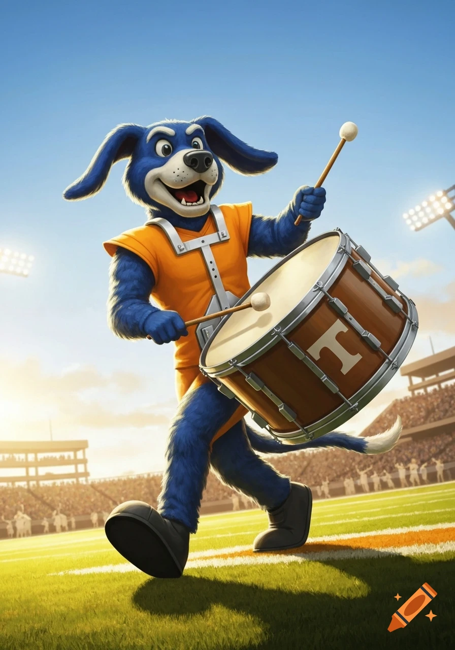 A vibrant cartoon blue dog mascot plays a marching drum while walking across a football field with a stadium in the background.