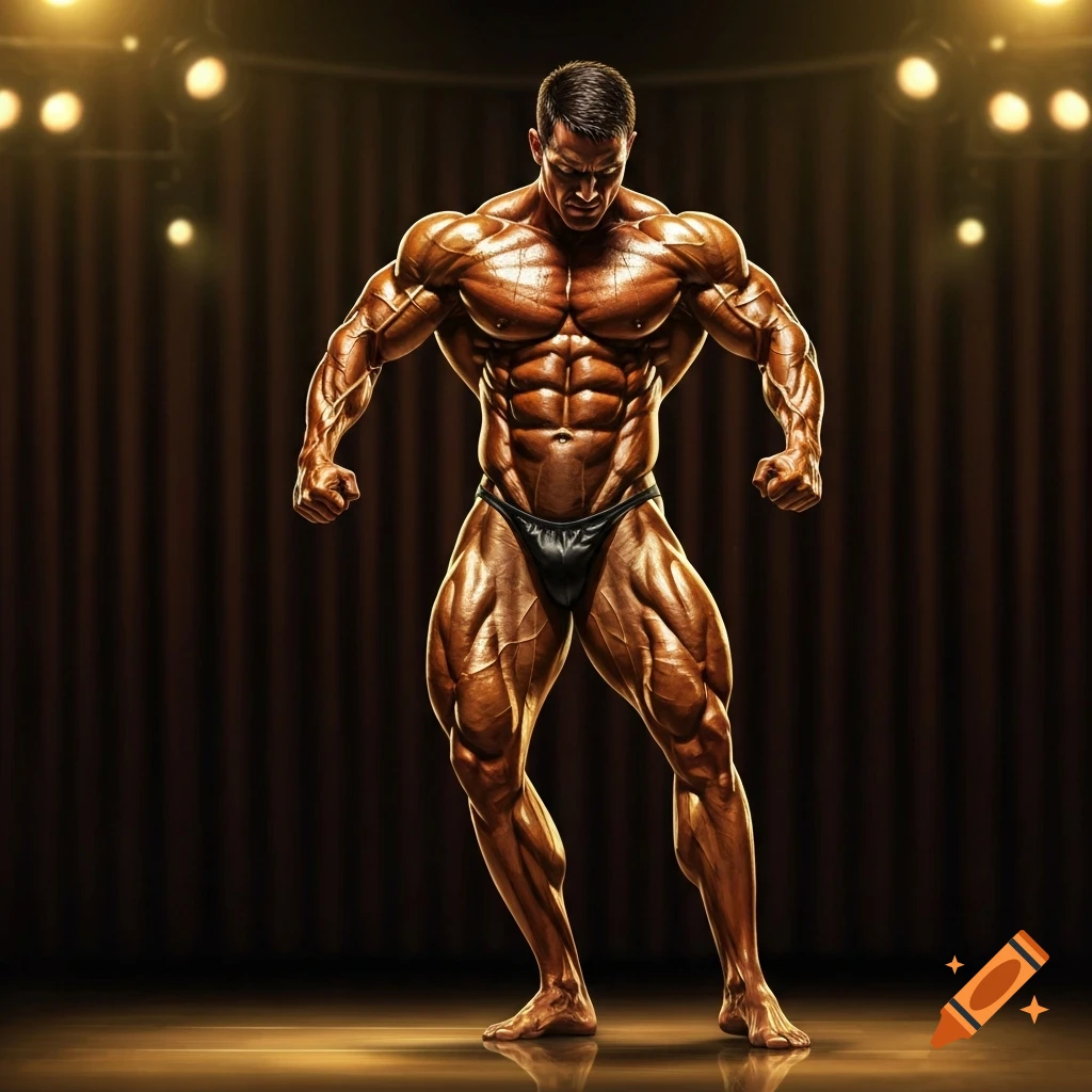 A highly muscular male bodybuilder in a posing trunk stands on a stage, dramatically lit by spotlights from above.