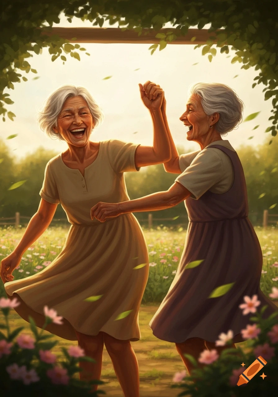 Two elderly women joyfully dancing and laughing in a sunny, blooming garden under a leafy arbor, in a stylized illustration.