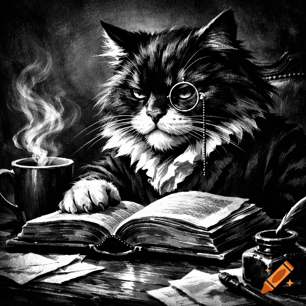 Black and white illustration of a condescending cat in a suit, wearing a monocle, reading a book at a desk with a steaming coffee cup and quill.
